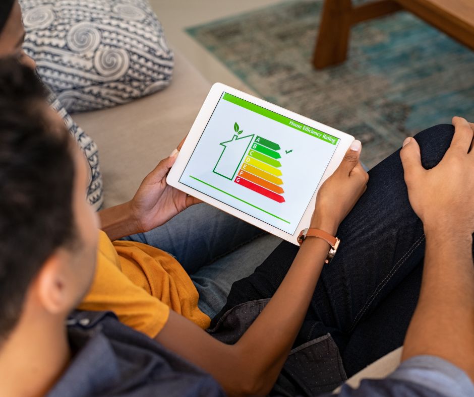 Δύο άτομα σε καναπέ βλέπουν σε tablet την ενεργειακή κατάταξη μιας κατοικίας